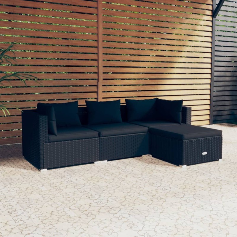 4-tlg. Garten-Lounge-Set mit Kissen Poly Rattan Schwarz