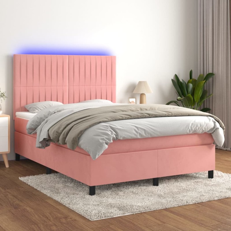 Boxspringbett mit Matratze & LED Rosa 140x190 cm Samt