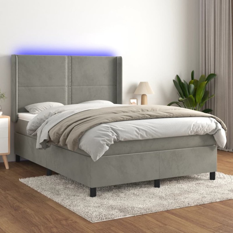 Boxspringbett mit Matratze & LED Hellgrau 140x190 cm Samt