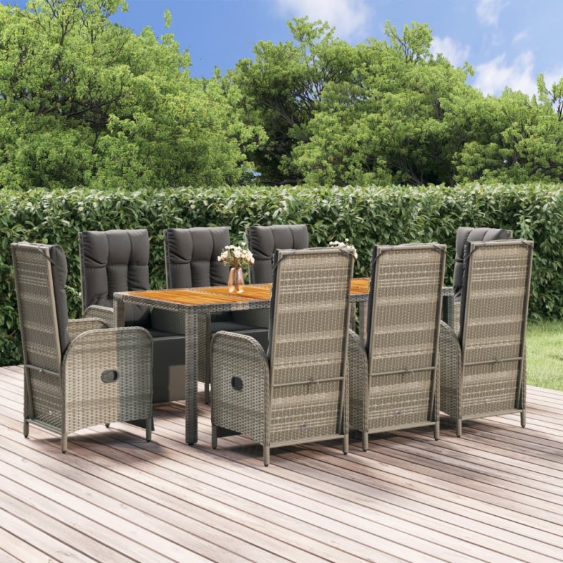 9-tlg. Garten-Essgruppe mit Kissen Grau Poly Rattan