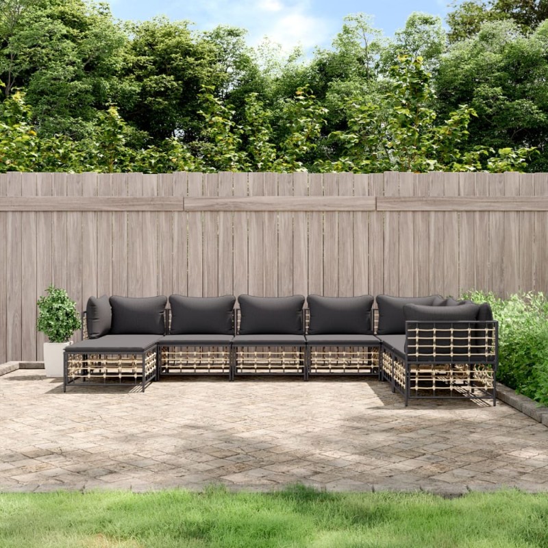 8-tlg. Garten-Lounge-Set mit Kissen Anthrazit Poly Rattan