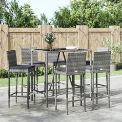 7-tlg. Gartenbar-Set mit Kissen Grau Poly Rattan