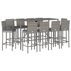 11-tlg. Gartenbar-Set mit Kissen Grau Poly Rattan