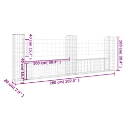 Gabionenkorb U-Form mit 3 Säulen Eisen 260x20x100 cm