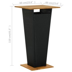 Bartisch Schwarz 60x60x110 cm Poly Rattan und Massivholz Akazie