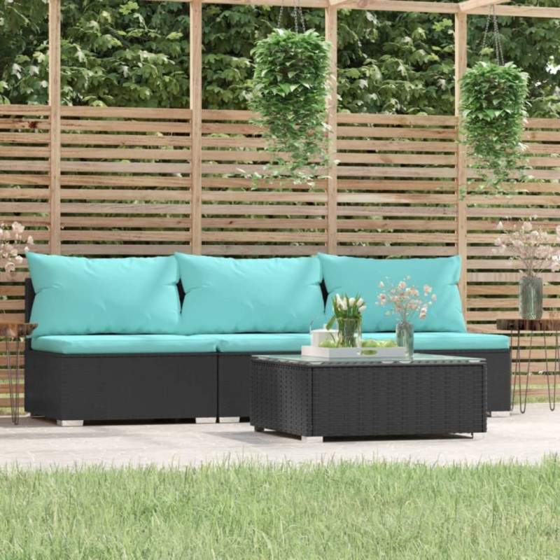 4-tlg. Garten-Lounge-Set mit Kissen Schwarz Poly Rattan