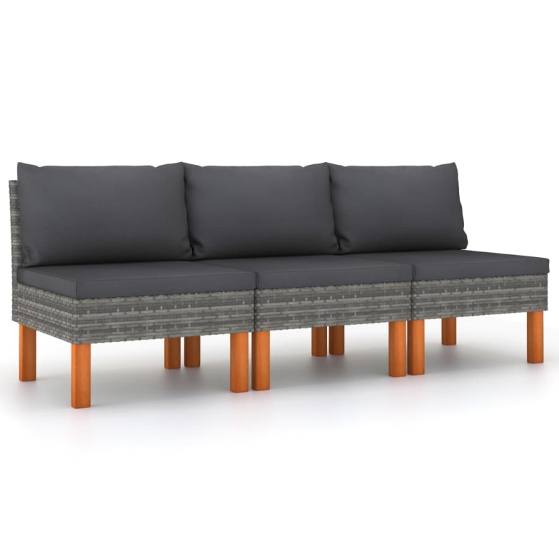 Mittelsofas 3 Stk. Poly Rattan und Eukalyptus Massivholz