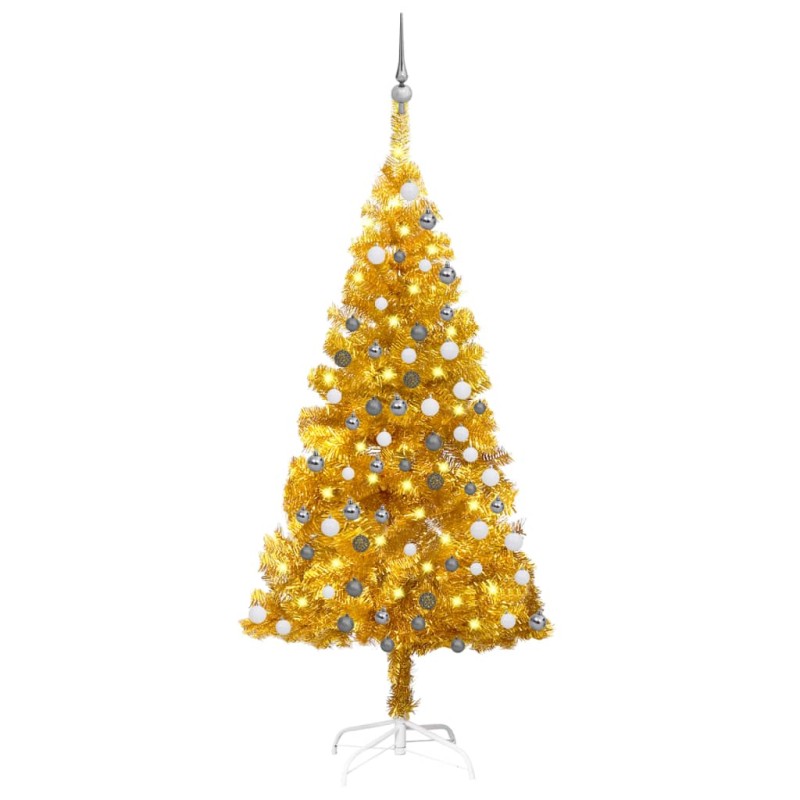 Künstlicher Weihnachtsbaum Beleuchtung & Kugeln Gold 150 cm PET