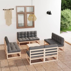 9-tlg. Garten-Lounge-Set mit Kissen Kiefer Massivholz