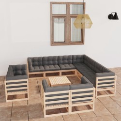 12-tlg. Garten-Lounge-Set mit Kissen Massivholz Kiefer