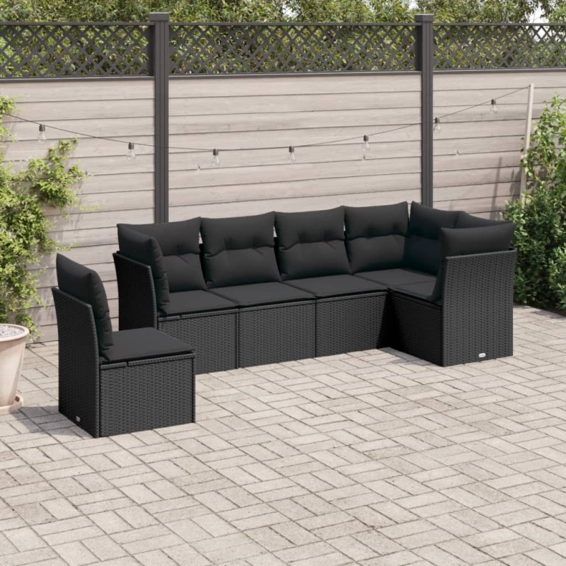 6-tlg. Garten-Sofagarnitur mit Kissen Schwarz Poly Rattan