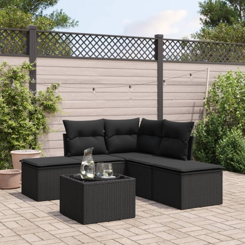 6-tlg. Garten-Sofagarnitur mit Kissen Schwarz Poly Rattan