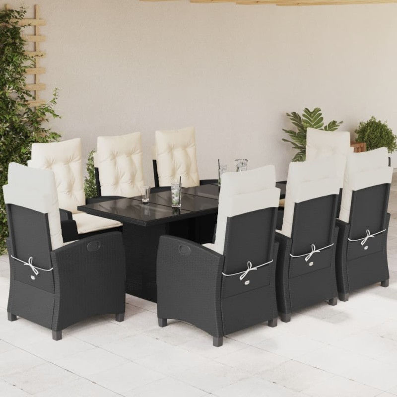 9-tlg. Garten-Essgruppe mit Kissen Schwarz Poly Rattan