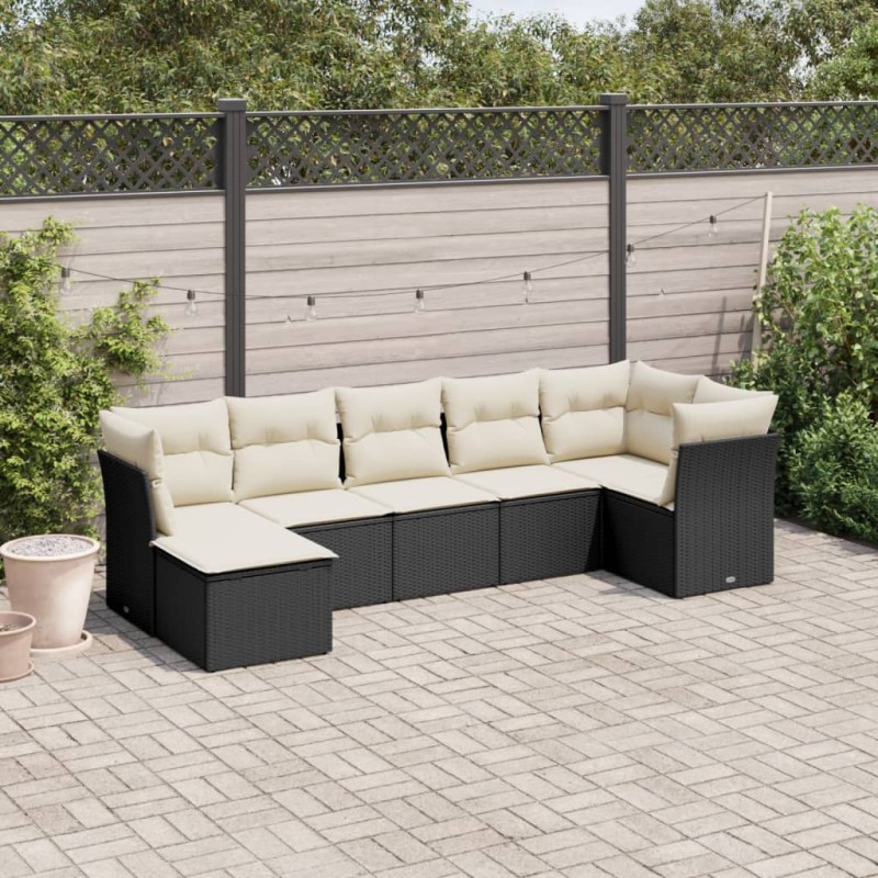 7-tlg. Garten-Sofagarnitur mit Kissen Schwarz Poly Rattan