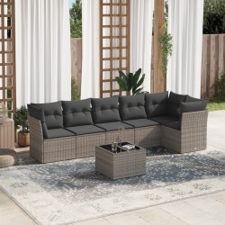 7-tlg. Garten-Sofagarnitur mit Kissen Grau Poly Rattan