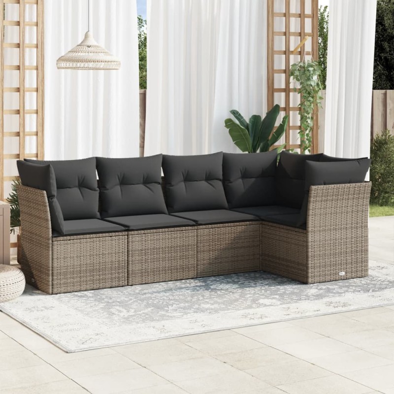 5-tlg. Garten-Sofagarnitur mit Kissen Grau Poly Rattan