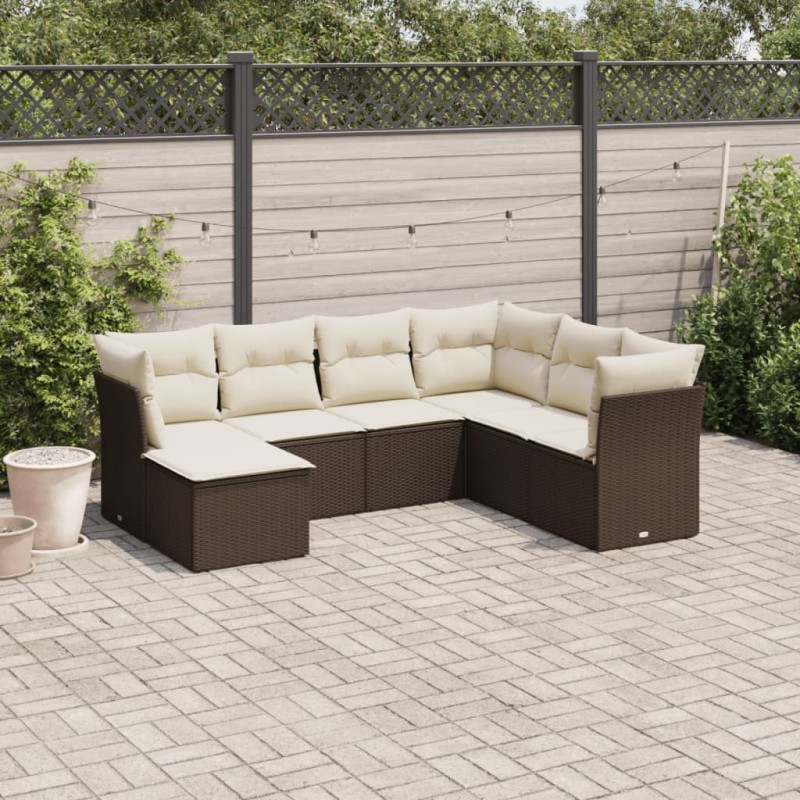 7-tlg. Garten-Sofagarnitur mit Kissen Braun Poly Rattan