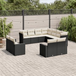 11-tlg. Garten-Sofagarnitur mit Kissen Schwarz Poly Rattan