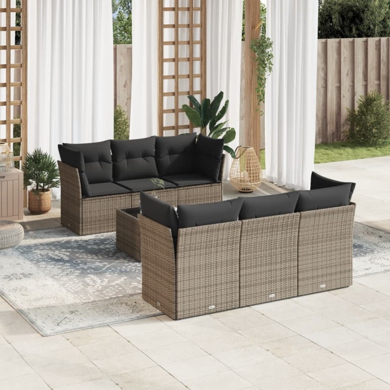 7-tlg. Garten-Sofagarnitur mit Kissen Grau Poly Rattan