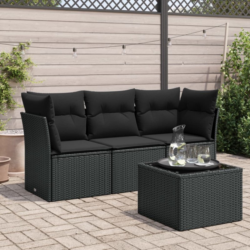 4-tlg. Garten-Sofagarnitur mit Kissen Schwarz Poly Rattan