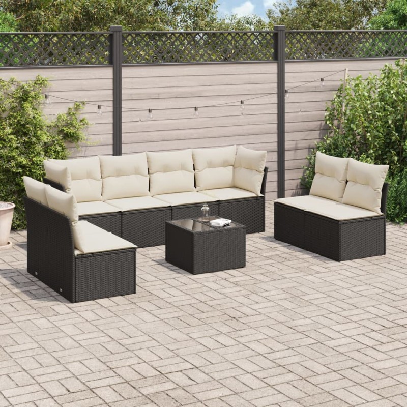 9-tlg. Garten-Sofagarnitur mit Kissen Schwarz Poly Rattan