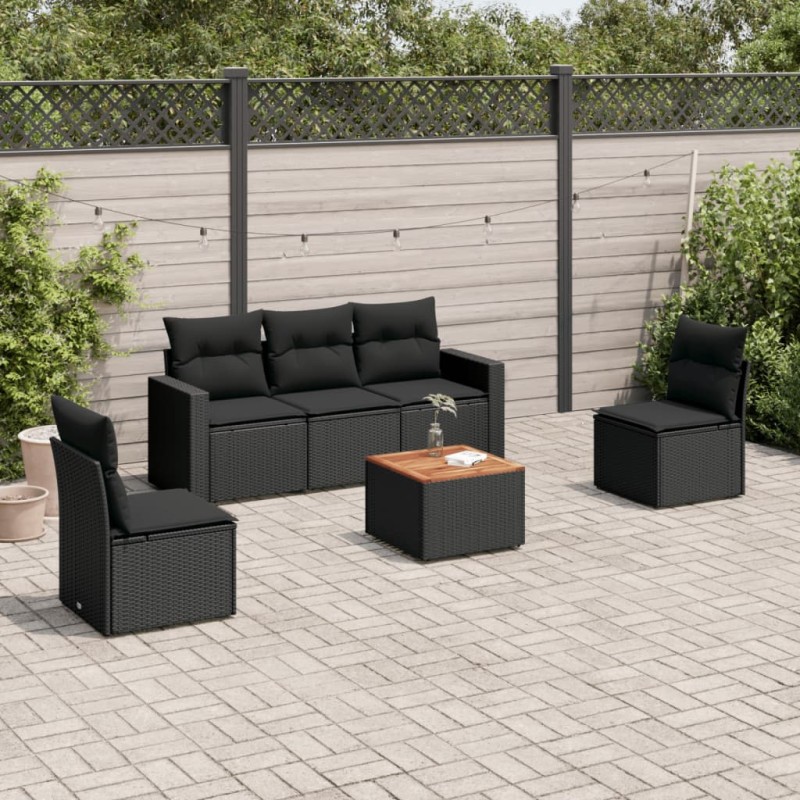 6-tlg. Garten-Sofagarnitur mit Kissen Schwarz Poly Rattan