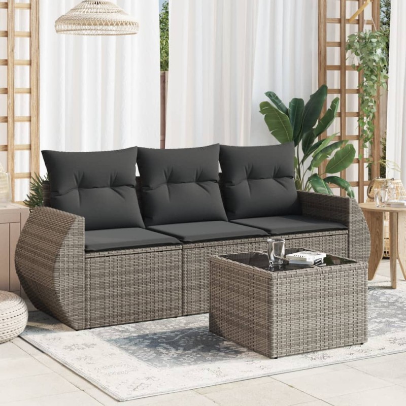 4-tlg. Garten-Sofagarnitur mit Kissen Grau Poly Rattan