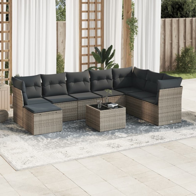 9-tlg. Garten-Sofagarnitur mit Kissen Grau Poly Rattan