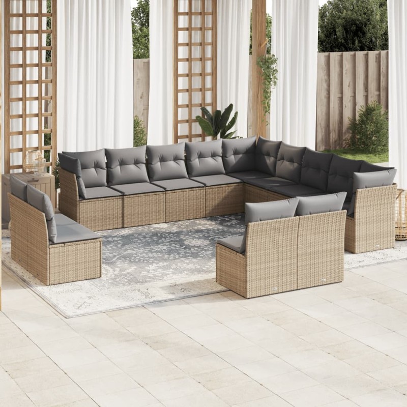 13-tlg. Garten-Sofagarnitur mit Kissen Beige Poly Rattan