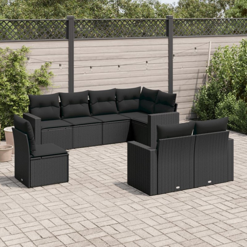 8-tlg. Garten-Sofagarnitur mit Kissen Schwarz Poly Rattan