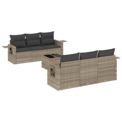 7-tlg. Garten-Sofagarnitur mit Kissen Hellgrau Poly Rattan