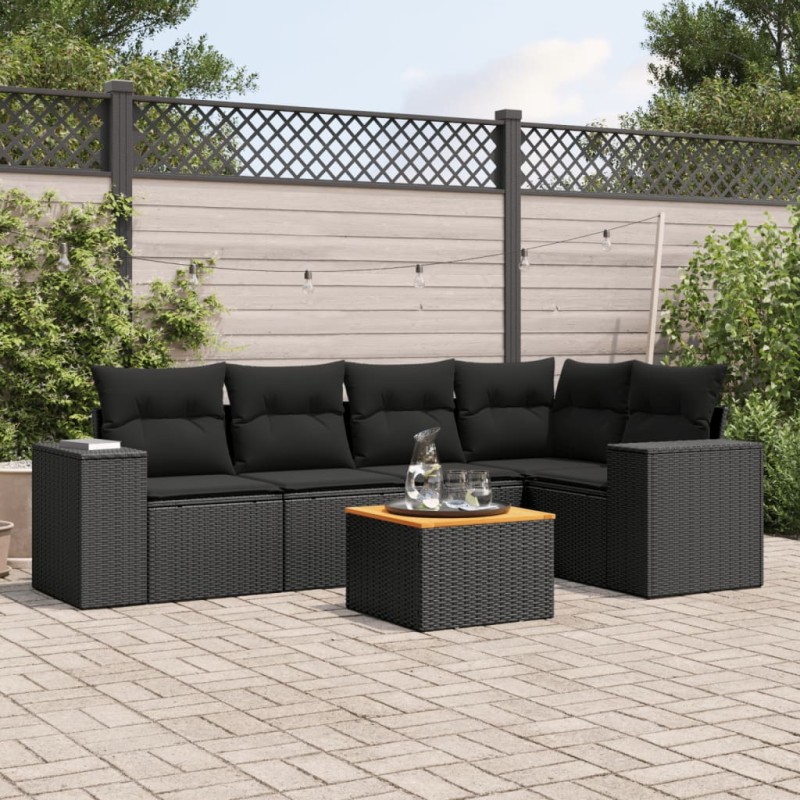 6-tlg. Garten-Sofagarnitur mit Kissen Schwarz Poly Rattan