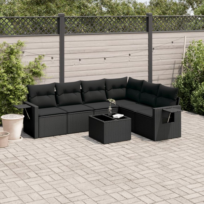 7-tlg. Garten-Sofagarnitur mit Kissen Schwarz Poly Rattan