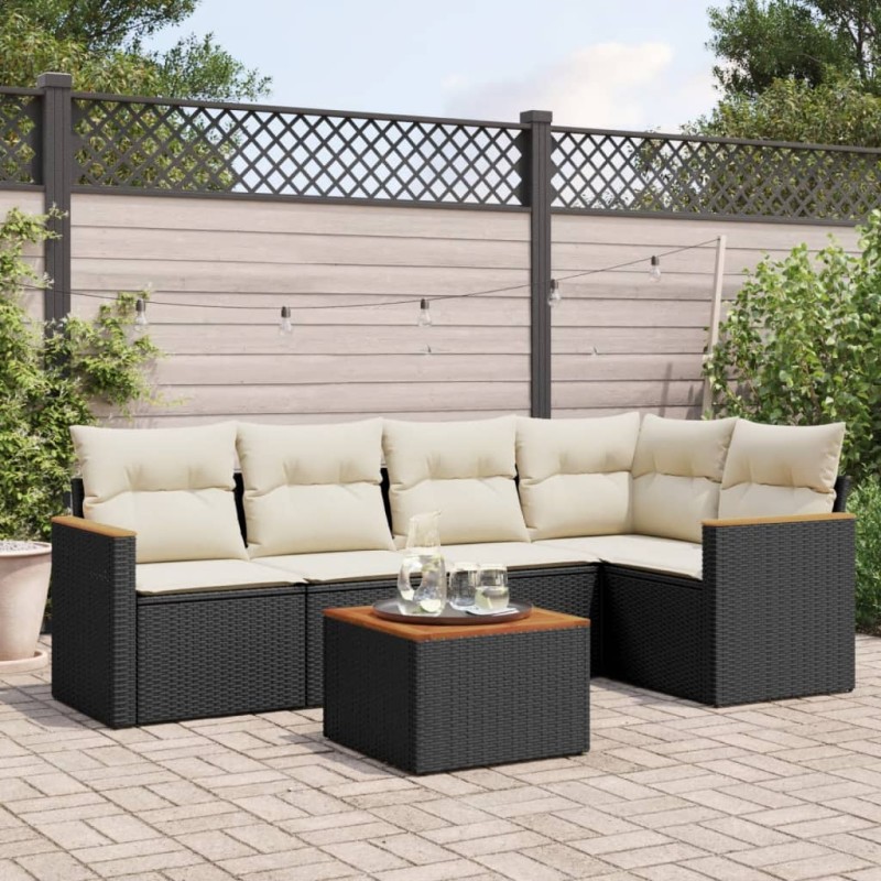 6-tlg. Garten-Sofagarnitur mit Kissen Schwarz Poly Rattan