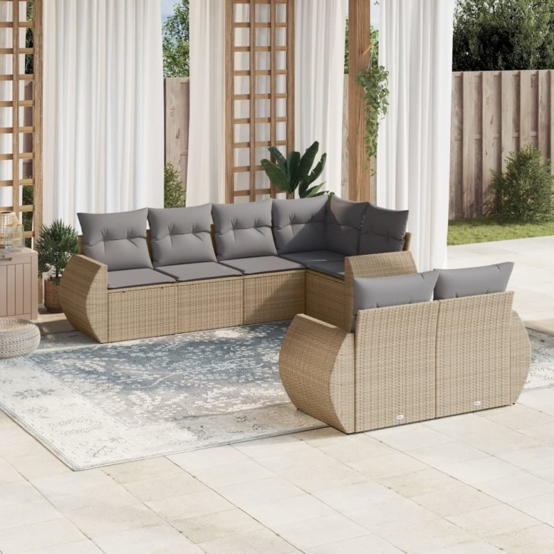 7-tlg. Garten-Sofagarnitur mit Kissen Beige Poly Rattan