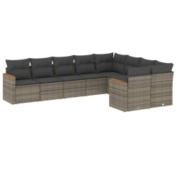 9-tlg. Garten-Sofagarnitur mit Kissen Grau Poly Rattan