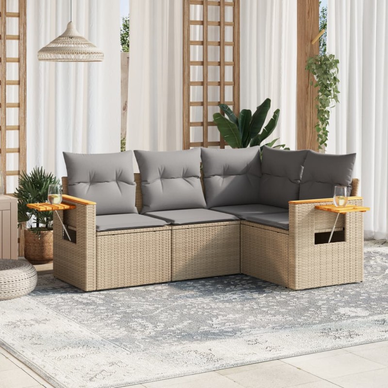 4-tlg. Garten-Sofagarnitur mit Kissen Beige Poly Rattan