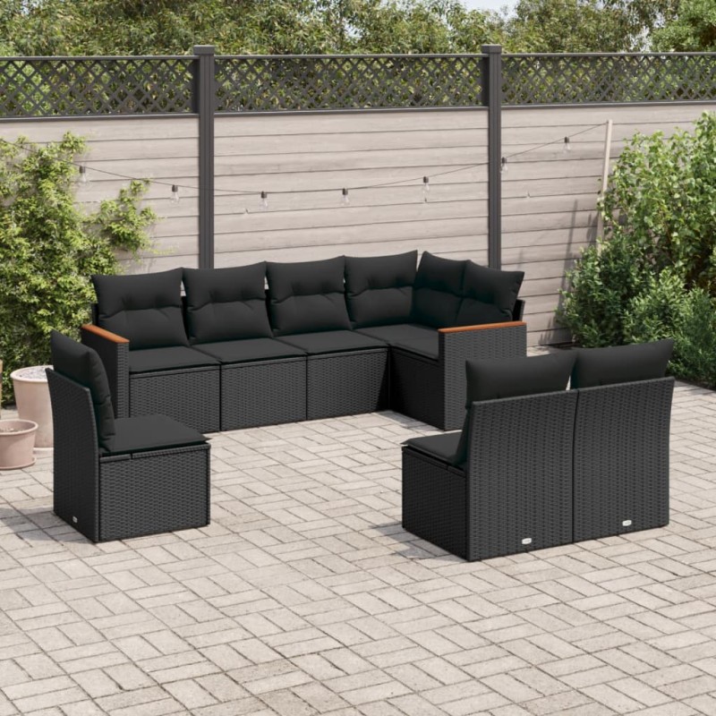 8-tlg. Garten-Sofagarnitur mit Kissen Schwarz Poly Rattan