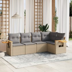 5-tlg. Garten-Sofagarnitur mit Kissen Beige Poly Rattan