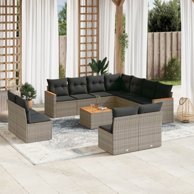 12-tlg. Garten-Sofagarnitur mit Kissen Grau Poly Rattan