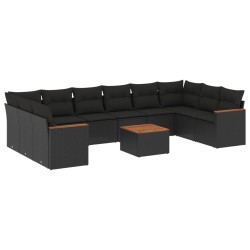 11-tlg. Garten-Sofagarnitur mit Kissen Schwarz Poly Rattan