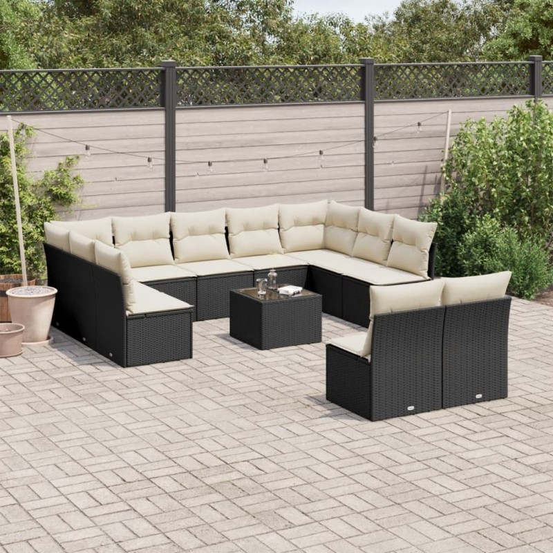 12-tlg. Garten-Sofagarnitur mit Kissen Schwarz Poly Rattan