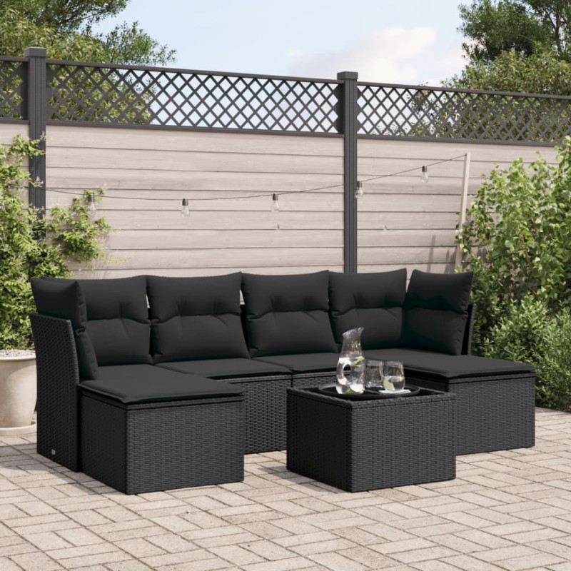 7-tlg. Garten-Sofagarnitur mit Kissen Schwarz Poly Rattan