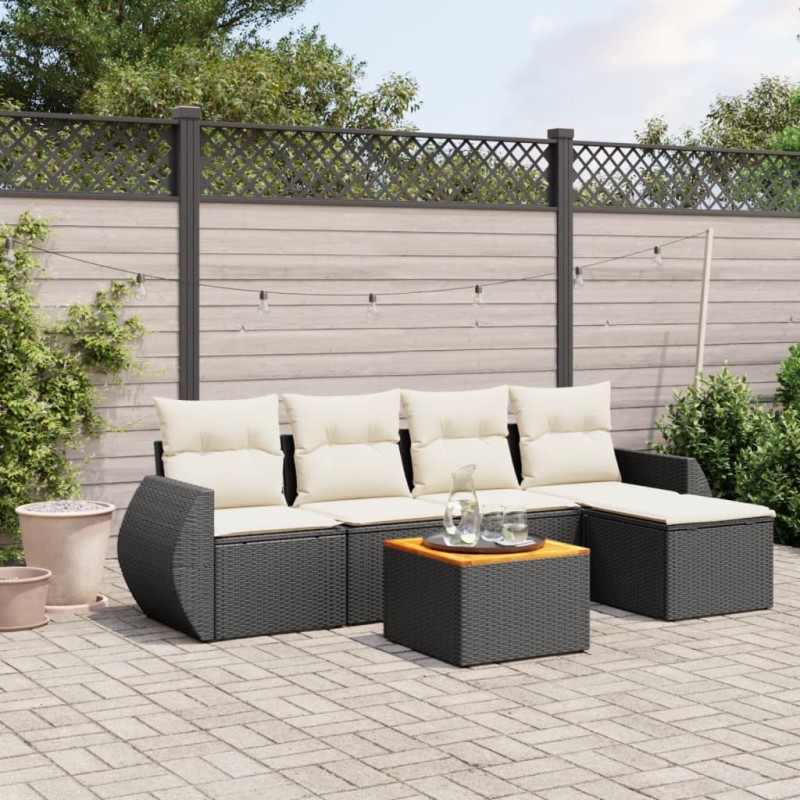 6-tlg. Garten-Sofagarnitur mit Kissen Schwarz Poly Rattan