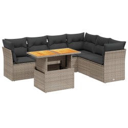 7-tlg. Garten-Sofagarnitur mit Kissen Grau Poly Rattan