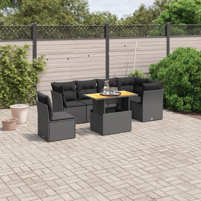 7-tlg. Garten-Sofagarnitur mit Kissen Schwarz Poly Rattan