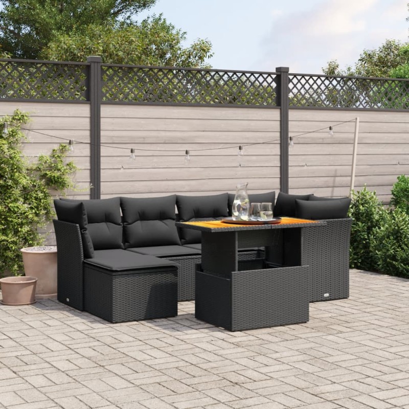 7-tlg. Garten-Sofagarnitur mit Kissen Schwarz Poly Rattan