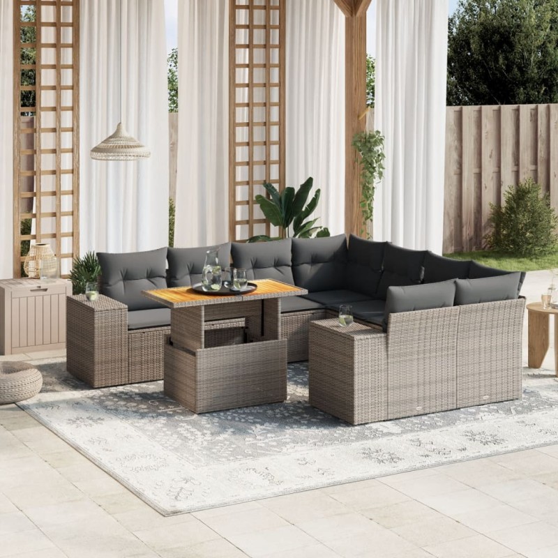 9-tlg. Garten-Sofagarnitur mit Kissen Grau Poly Rattan