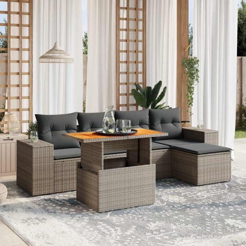 6-tlg. Garten-Sofagarnitur mit Kissen Grau Poly Rattan