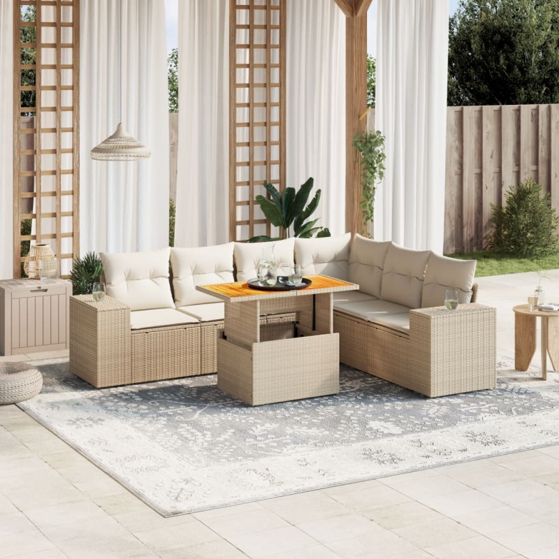 7-tlg. Garten-Sofagarnitur mit Kissen Beige Poly Rattan